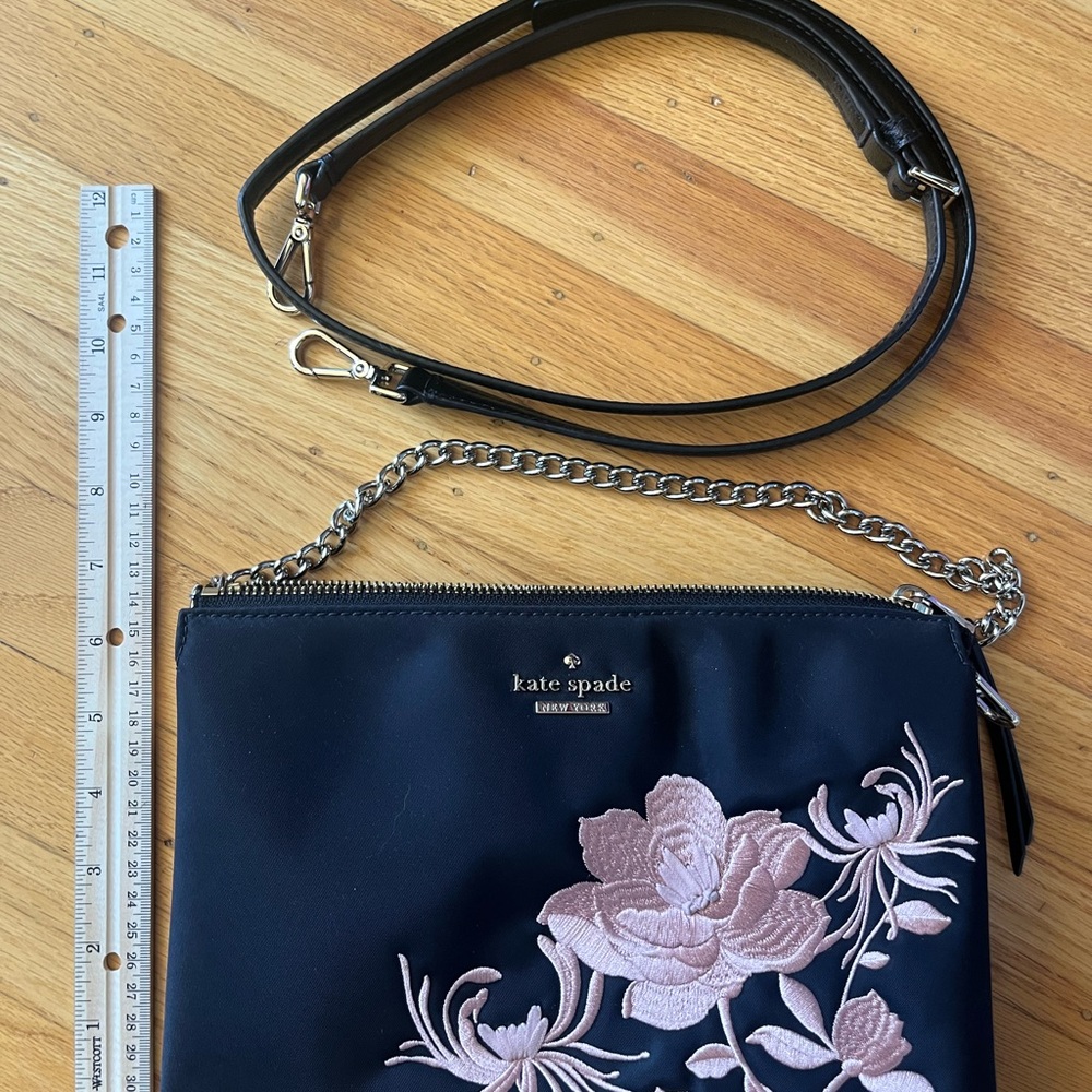 kate Spade Black Crossbody Bag with Pink Floral Embroidery and Crossbody Strap